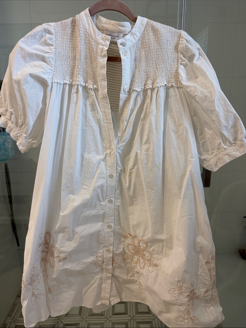 Hoffman White Button-Front Smocked Yoke Dress with Beige Floral Embroidery